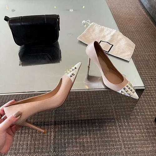 Advbridge Autumn 2023 New Pointed High Heel Women's Shoes Shallow Rivet Thin Heel Single Shoes Fashion Shoes Women