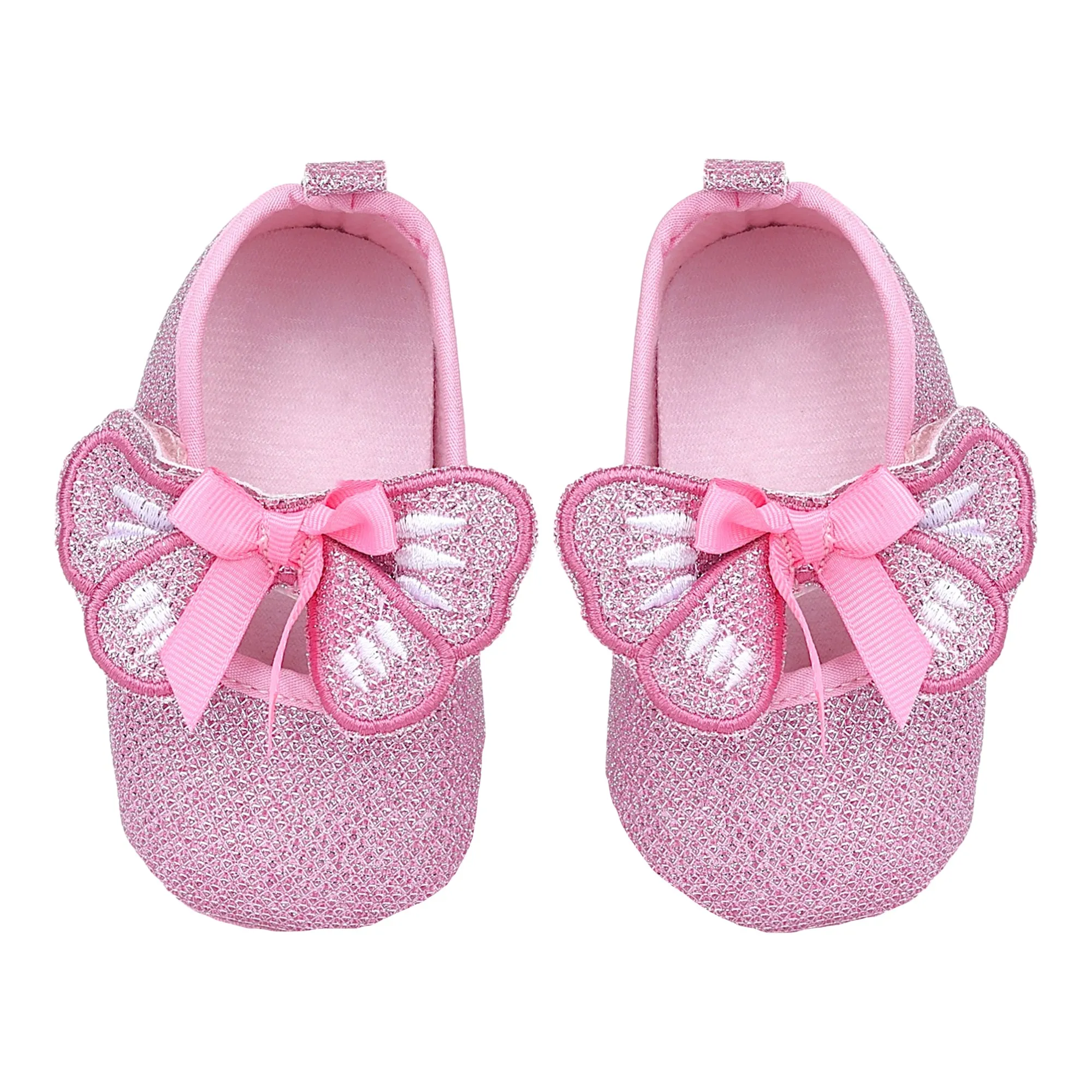 Baby Moo Butterfly Bow Shiny Party Anti-Skid Ballerina Booties - Pink