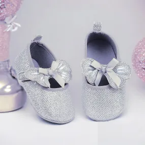 Baby Moo Butterfly Bow Shiny Party Anti-Skid Ballerina Booties - Silver