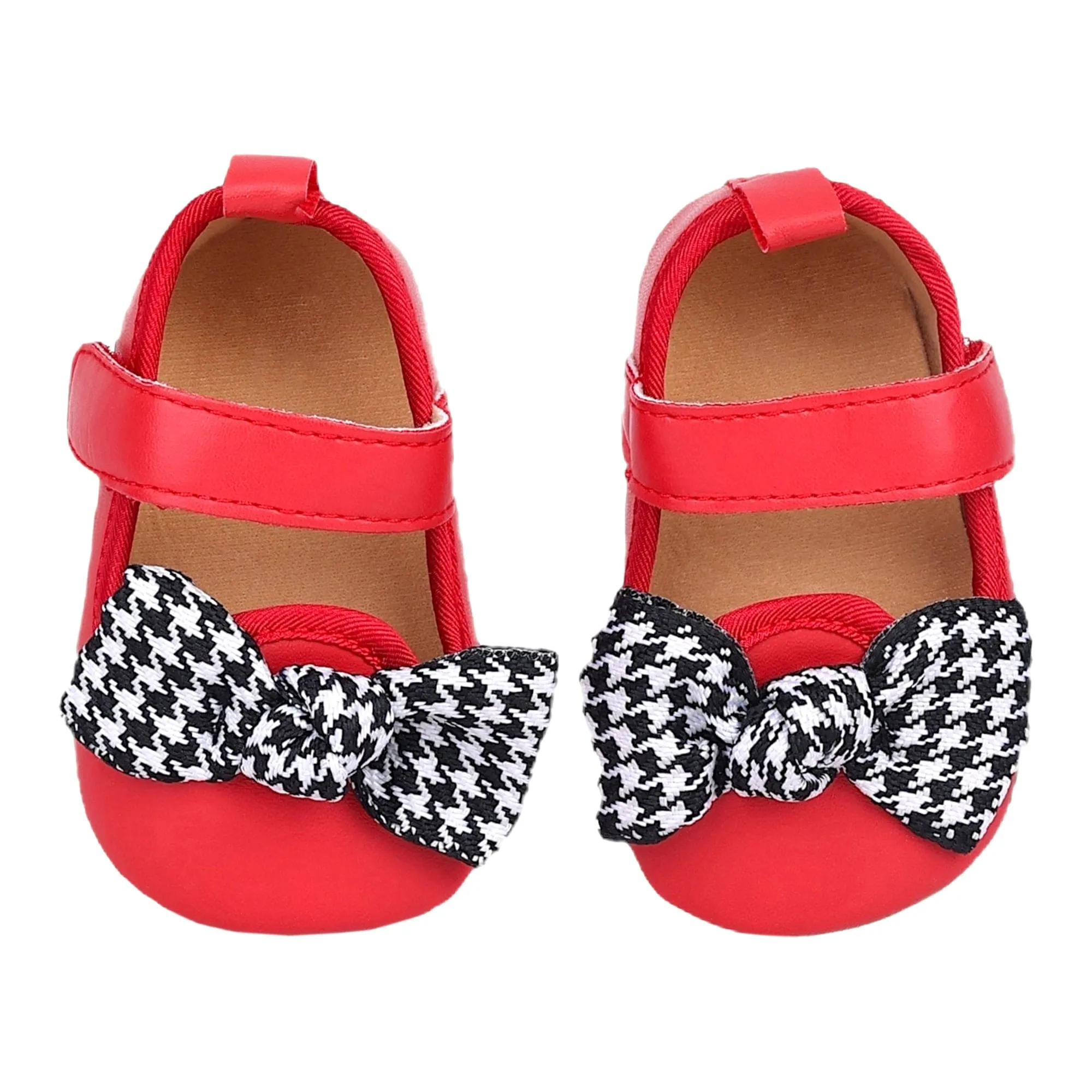 Baby Moo Houndstooth Bow Knot Velcro Strap Anti-Skid Ballerina Booties - Red