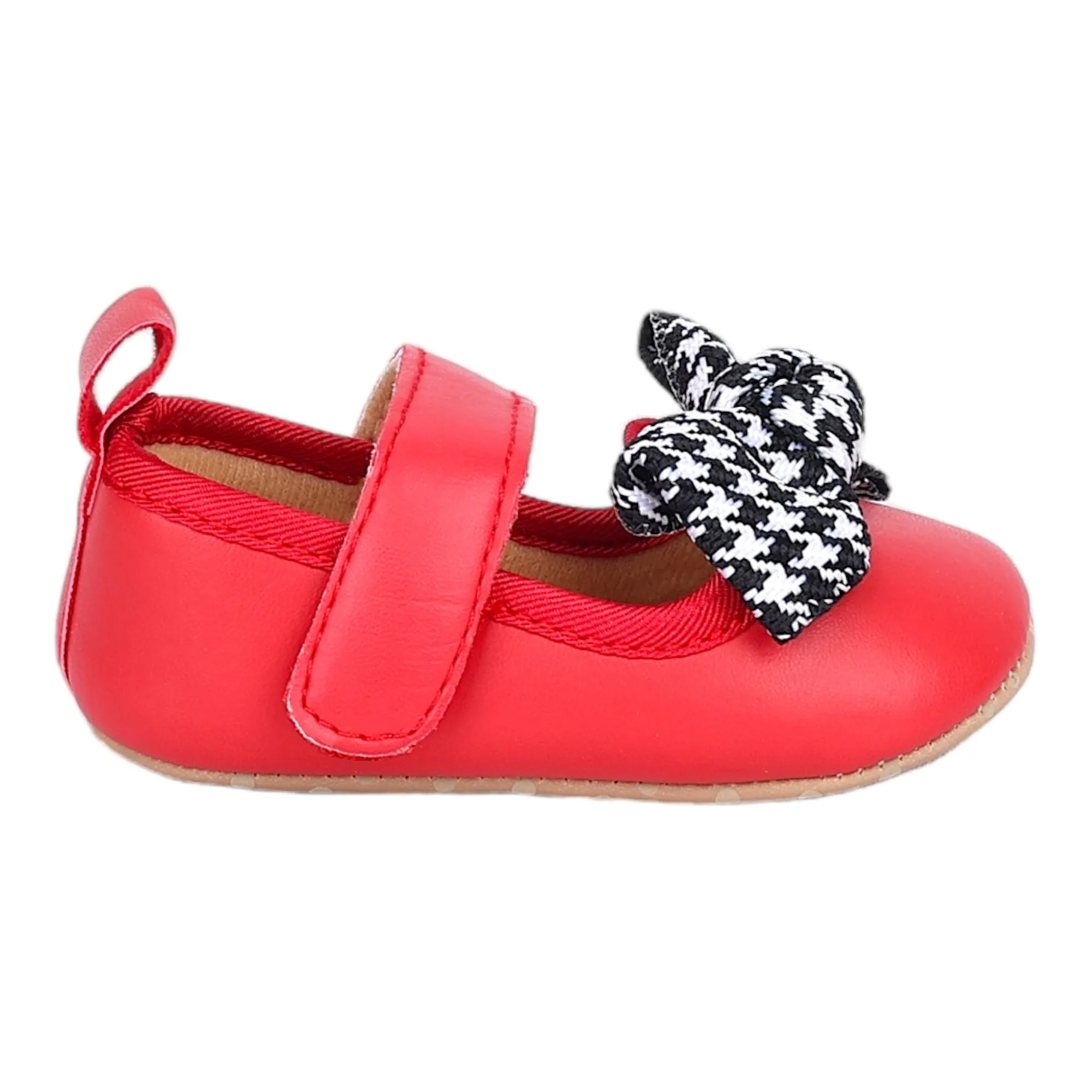 Baby Moo Houndstooth Bow Knot Velcro Strap Anti-Skid Ballerina Booties - Red