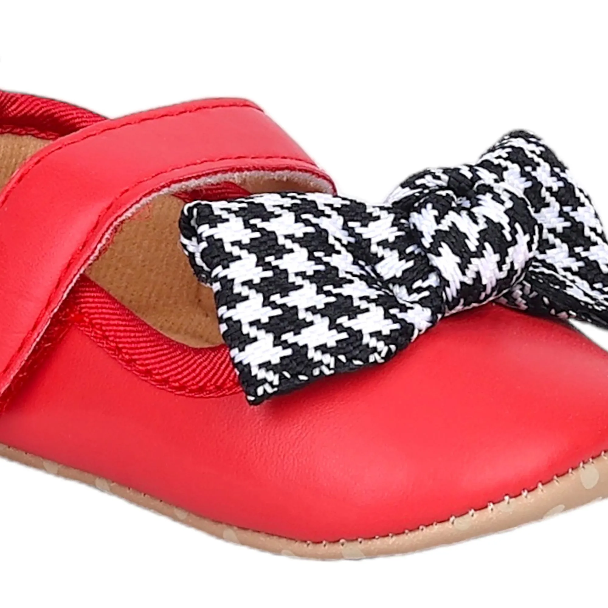 Baby Moo Houndstooth Bow Knot Velcro Strap Anti-Skid Ballerina Booties - Red