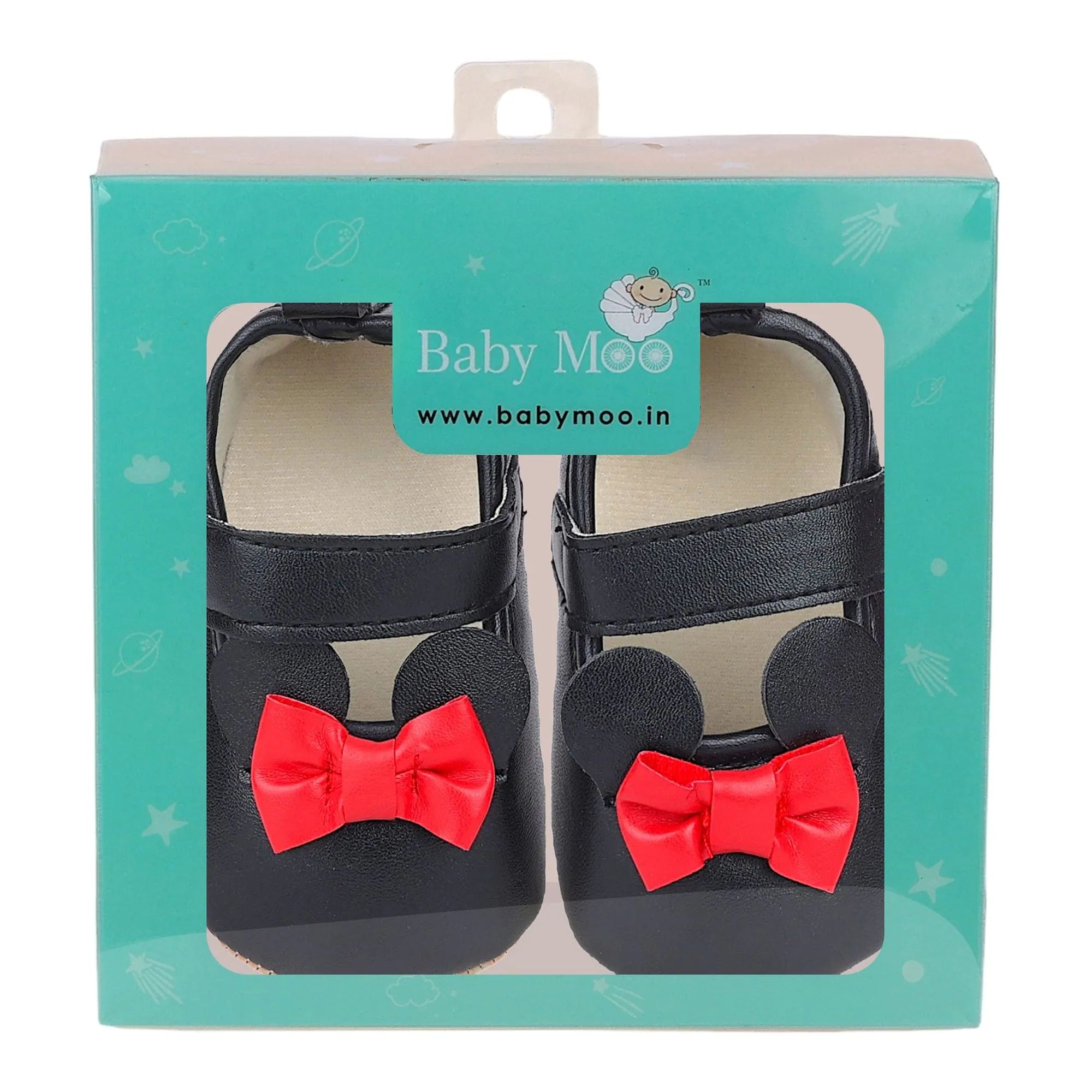 Baby Moo Mini Mouse Bow Velcro Strap Anti-Skid Ballerina Booties - Black