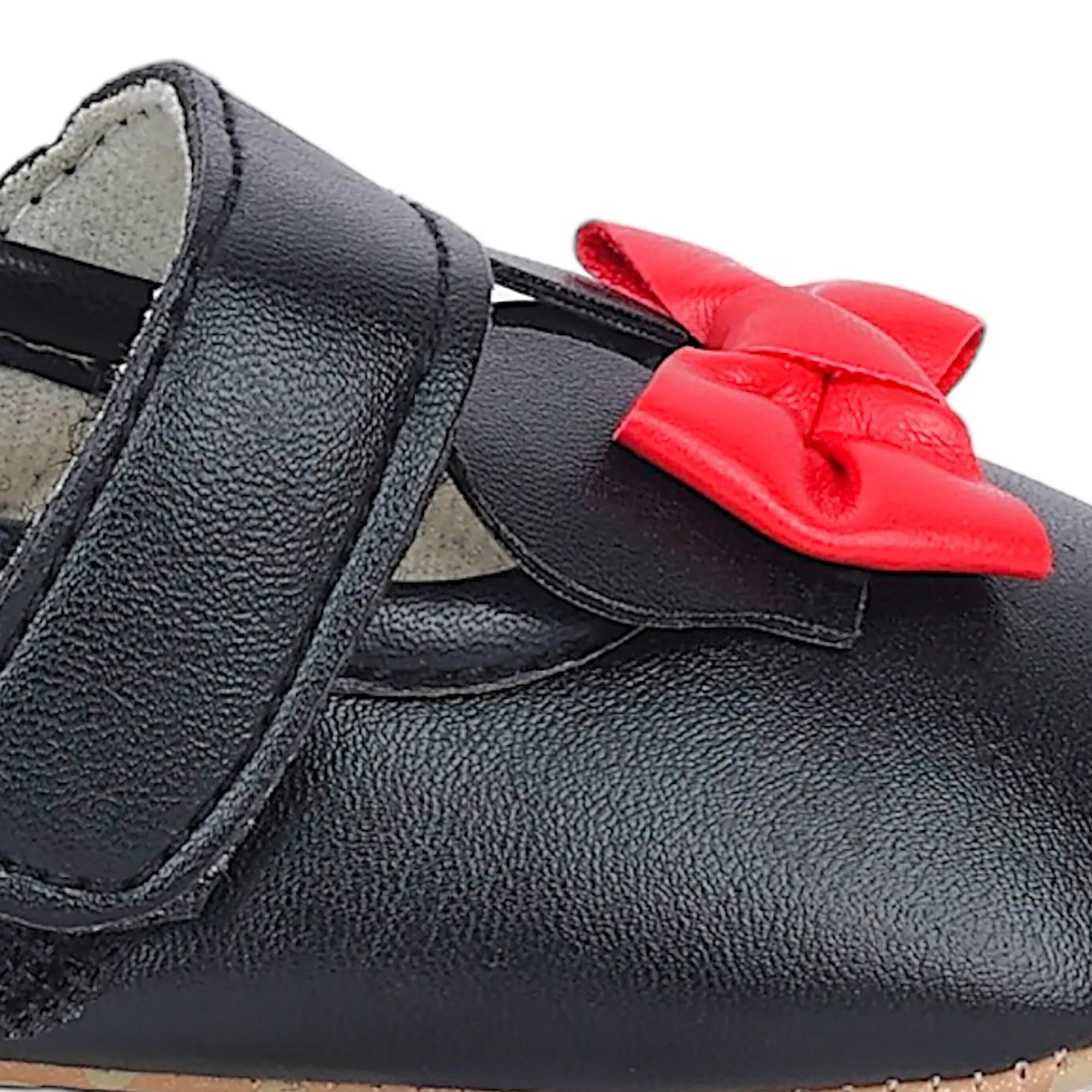 Baby Moo Mini Mouse Bow Velcro Strap Anti-Skid Ballerina Booties - Black