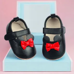 Baby Moo Mini Mouse Bow Velcro Strap Anti-Skid Ballerina Booties - Black