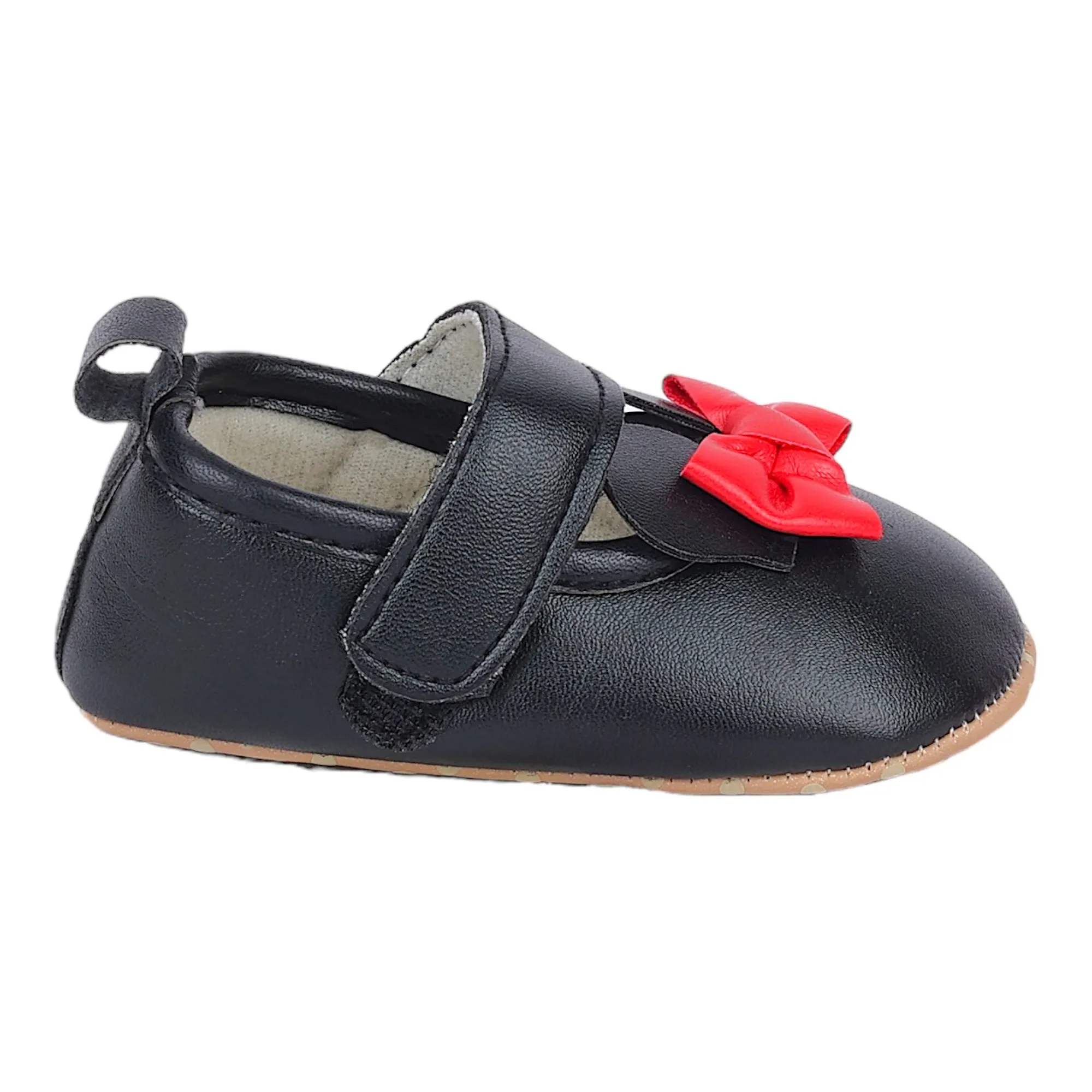 Baby Moo Mini Mouse Bow Velcro Strap Anti-Skid Ballerina Booties - Black