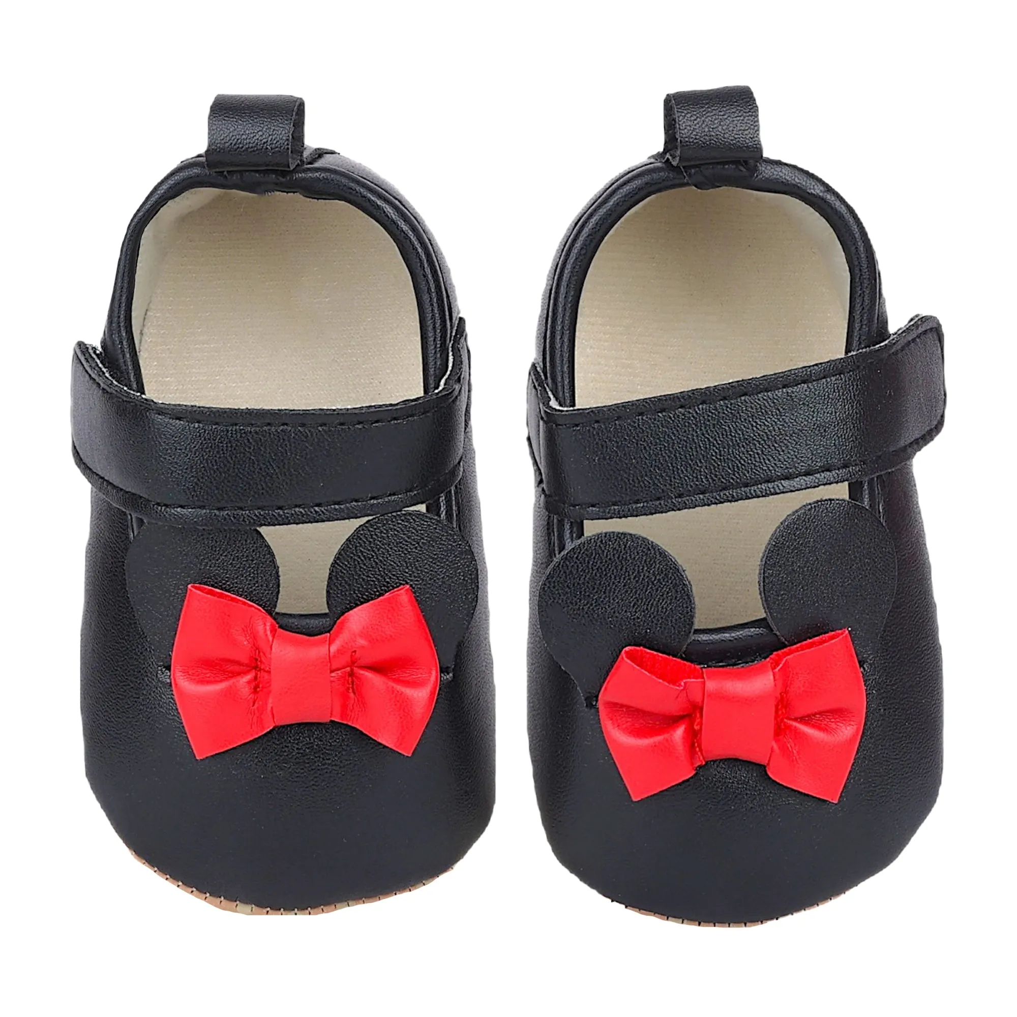 Baby Moo Mini Mouse Bow Velcro Strap Anti-Skid Ballerina Booties - Black