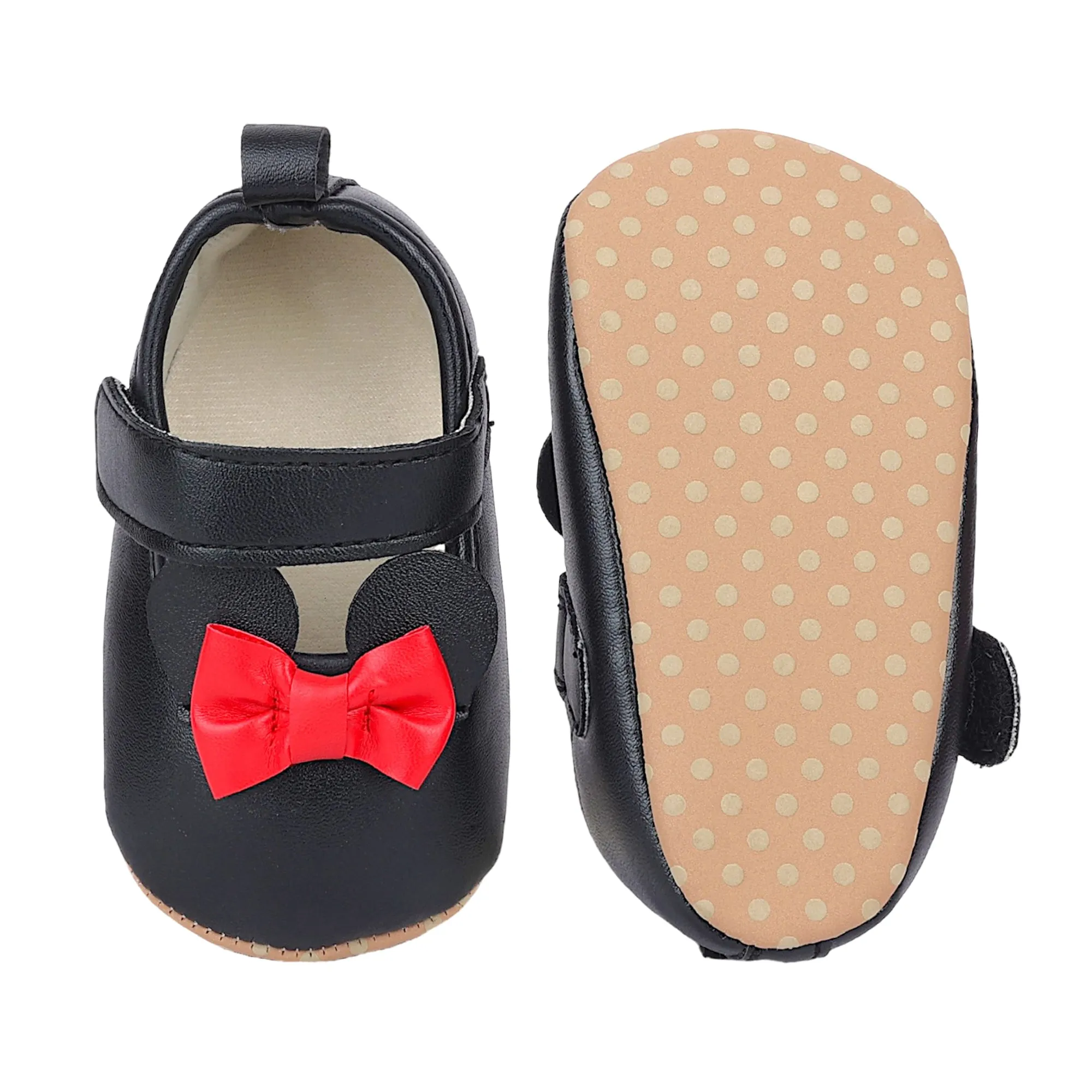 Baby Moo Mini Mouse Bow Velcro Strap Anti-Skid Ballerina Booties - Black