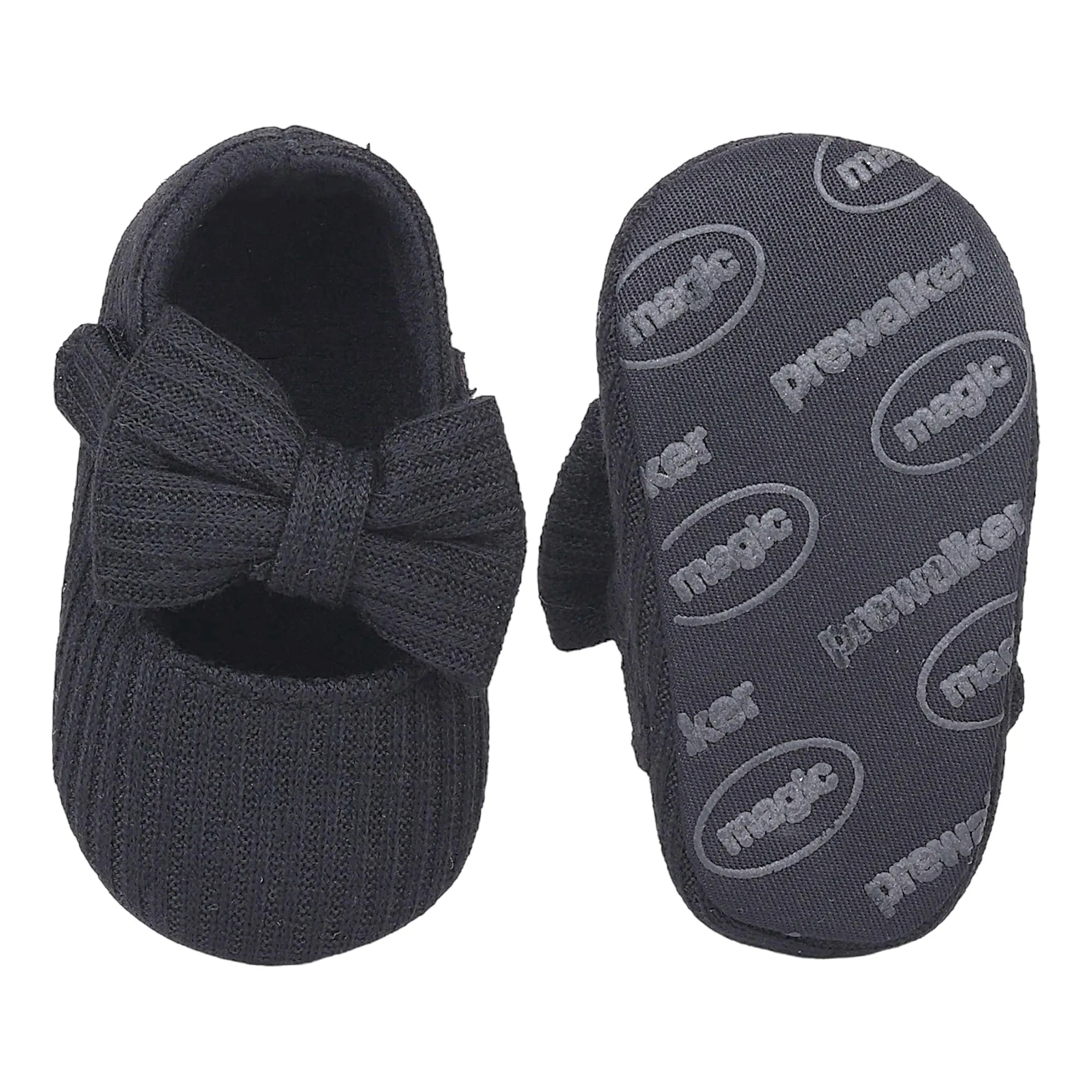 Baby Moo Soft Ribbed Bow Velcro Strap Anti-Skid Ballerina Booties - Black