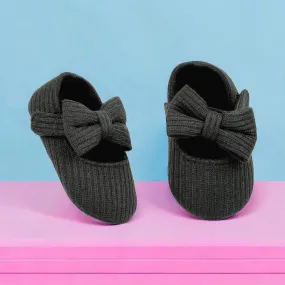 Baby Moo Soft Ribbed Bow Velcro Strap Anti-Skid Ballerina Booties - Black