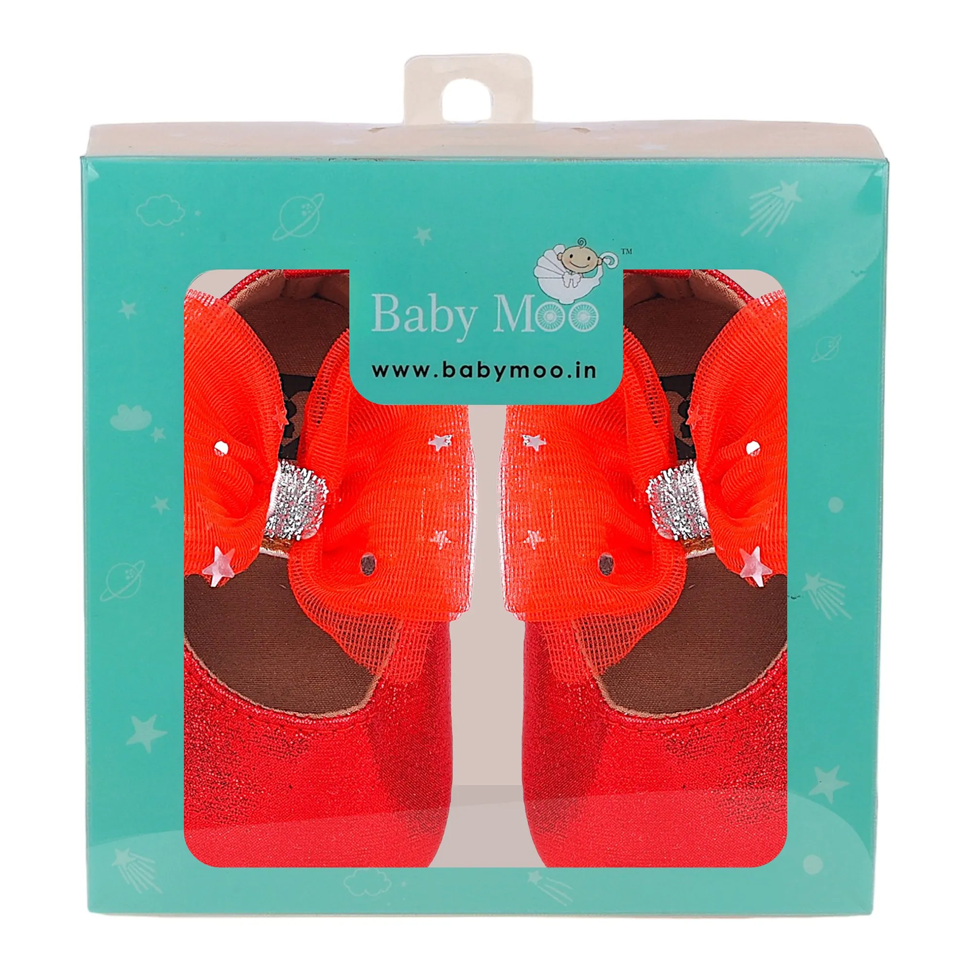 Baby Moo Starry Bow Partywear Anti-Skid Ballerina Booties - Red