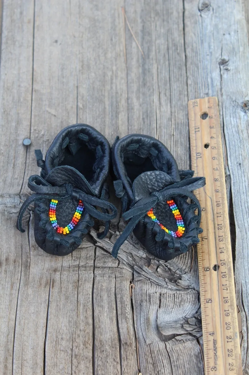 Beaded baby moccasins, black buckskin moccasins