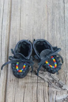 Beaded baby moccasins, black buckskin moccasins