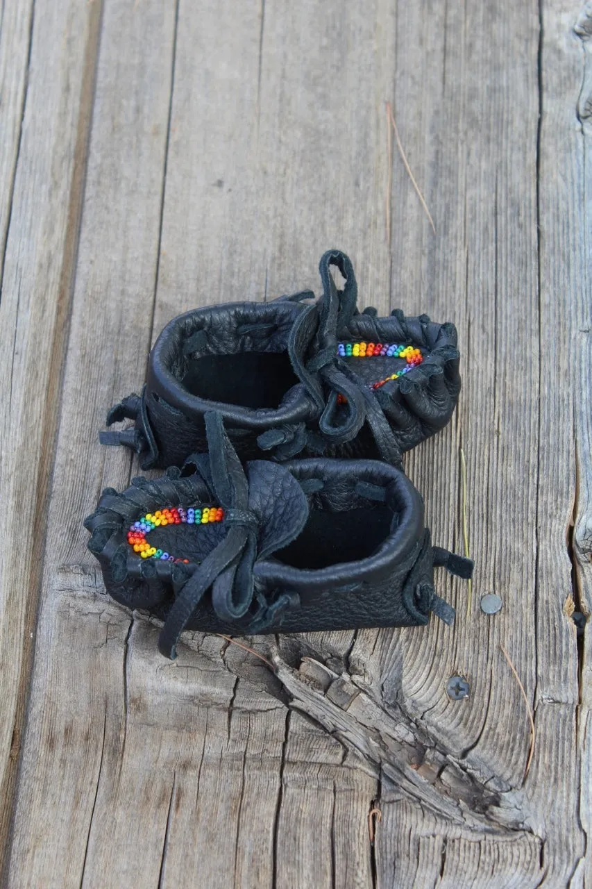 Beaded baby moccasins, black buckskin moccasins