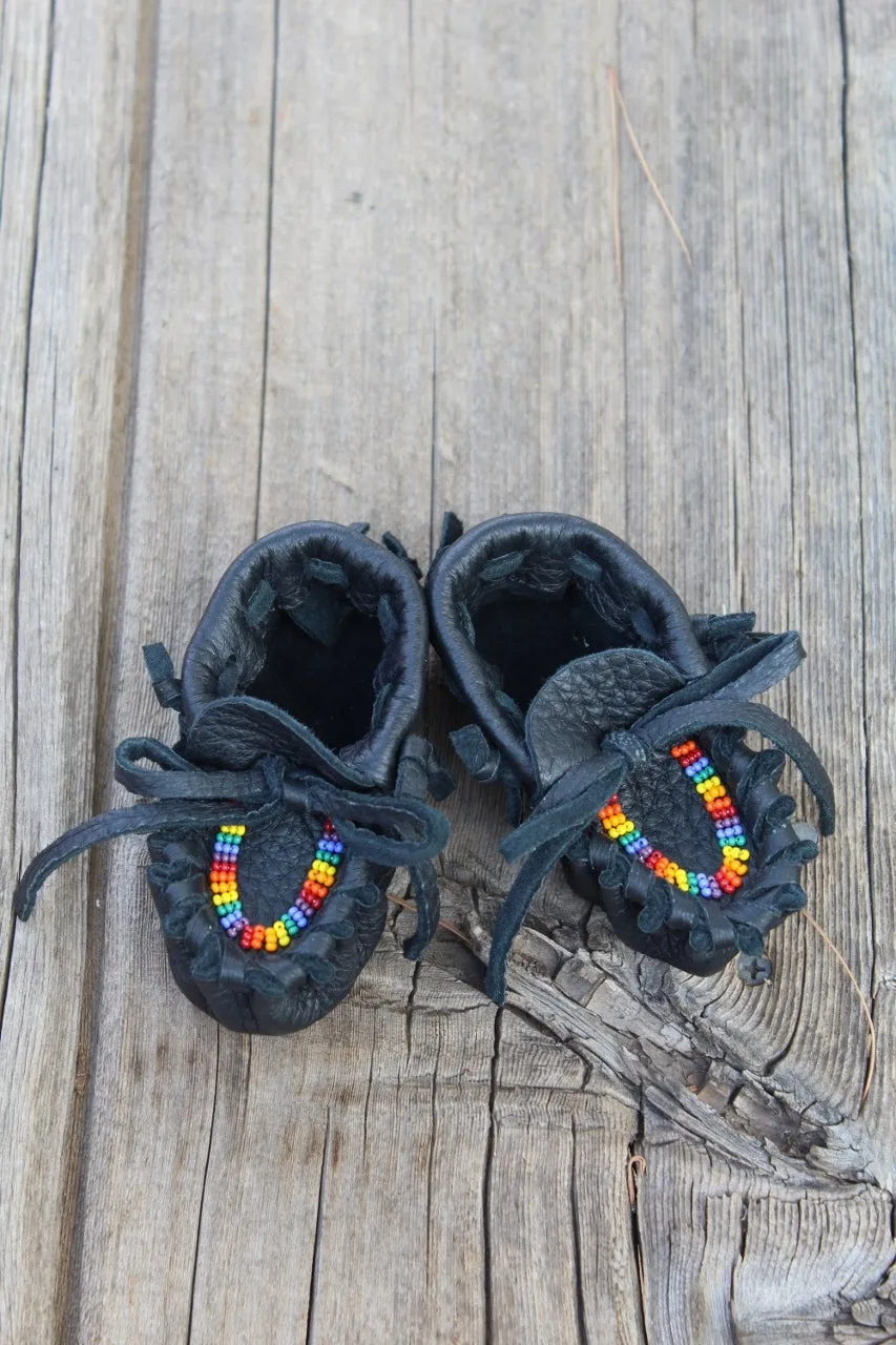 Beaded baby moccasins, black buckskin moccasins