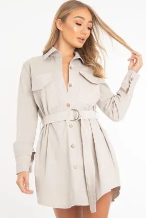 Beige Button Up Belted Utility Dress - Abia