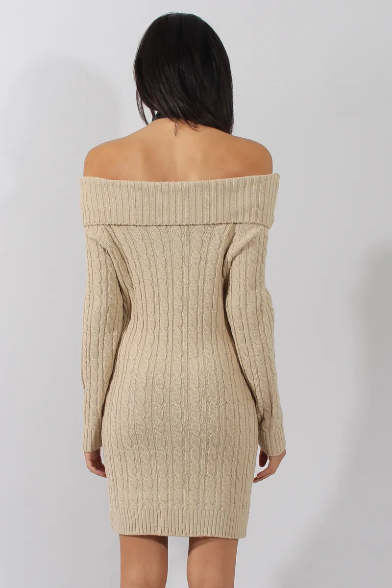 Beige Cable Knit Bardot Dress - Peeta