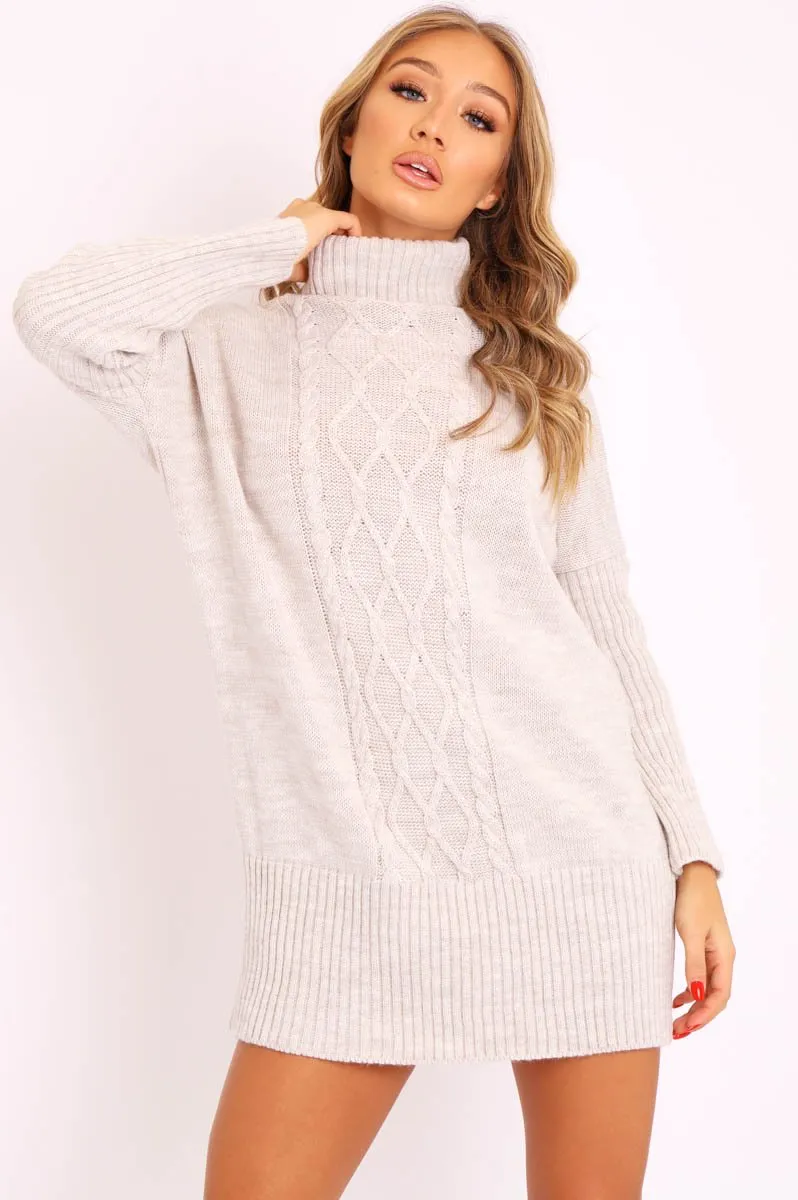 Beige Oversized Knitted Turtle Neck Jumper Dress - Freyah