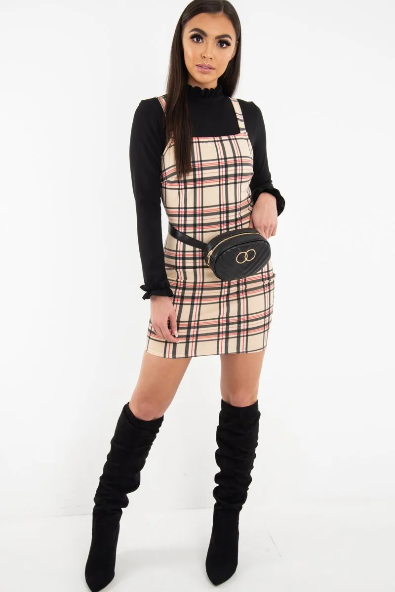 Beige Red Check Square Neck Mini Dress - Kysa