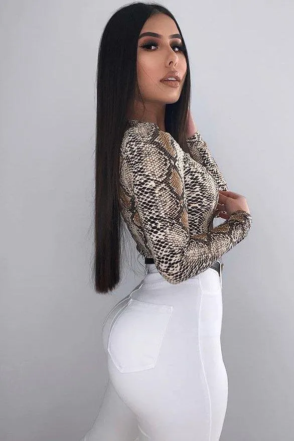 Beige Snake Scoop Neck Long Sleeve Top - Kenya