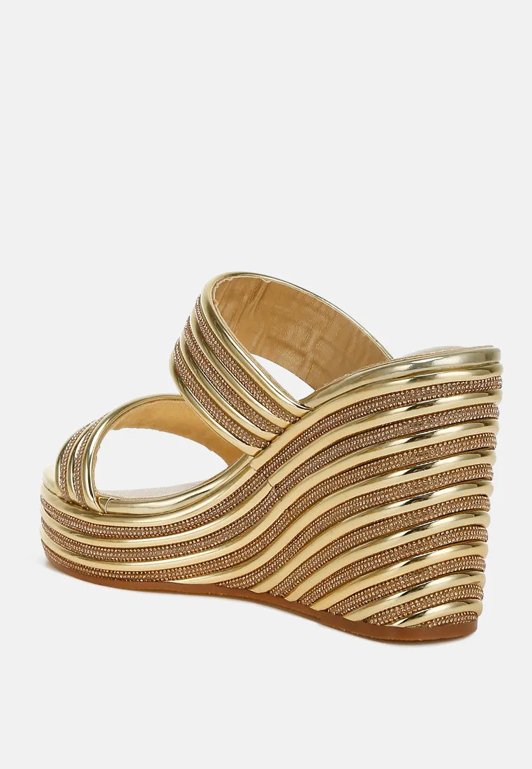 Benched Metallic Faux Leather Wedge Sandals