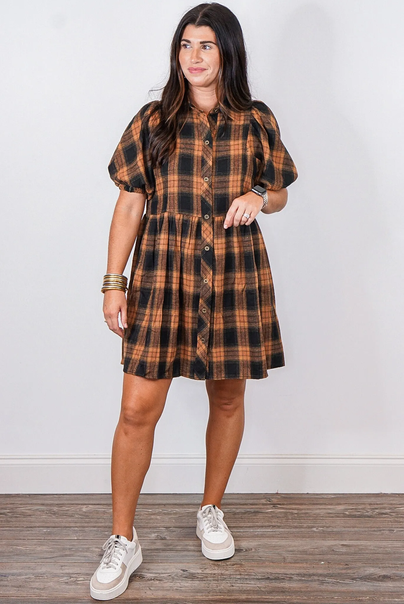 Bonfire Dates Caramel Plaid Dress