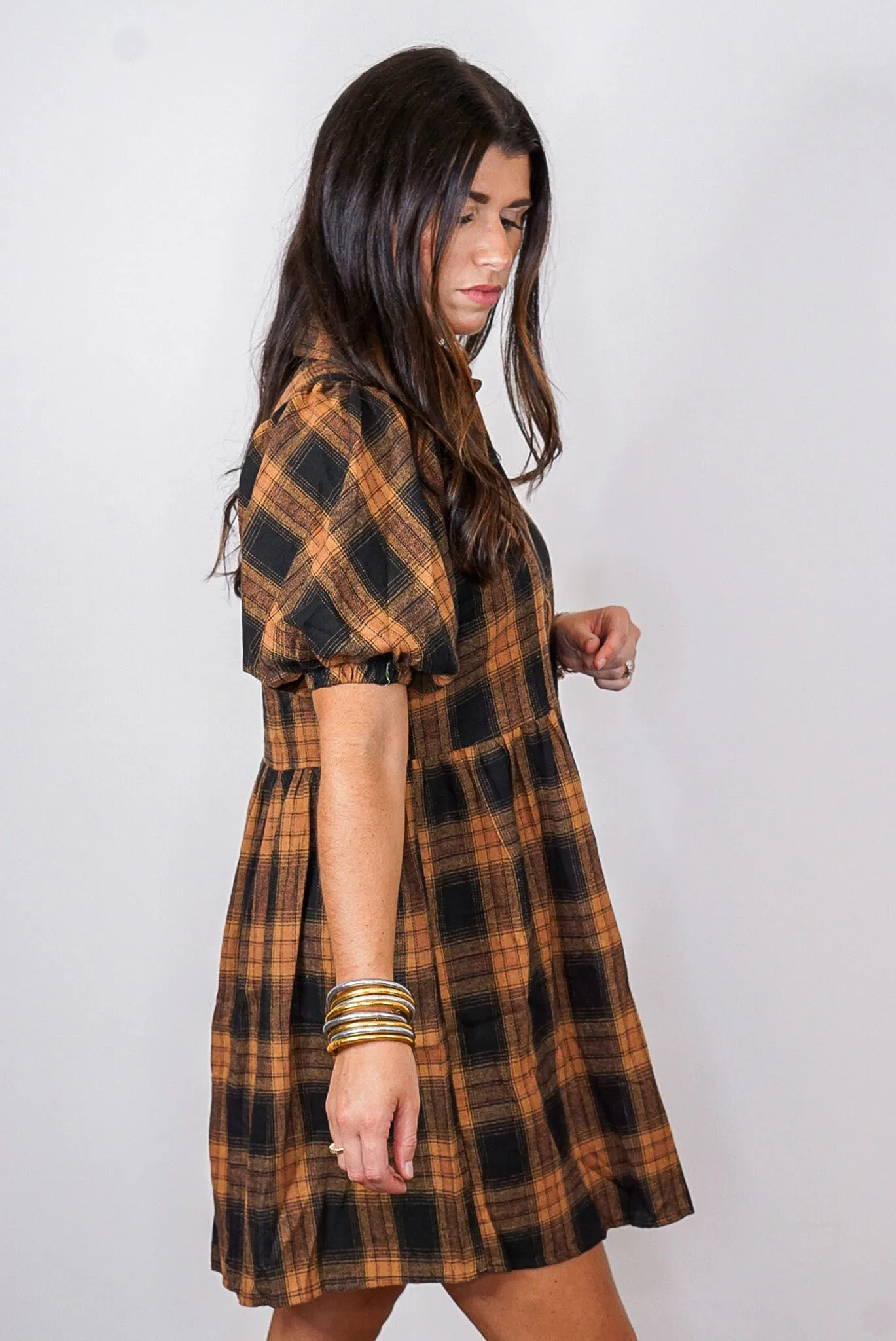 Bonfire Dates Caramel Plaid Dress