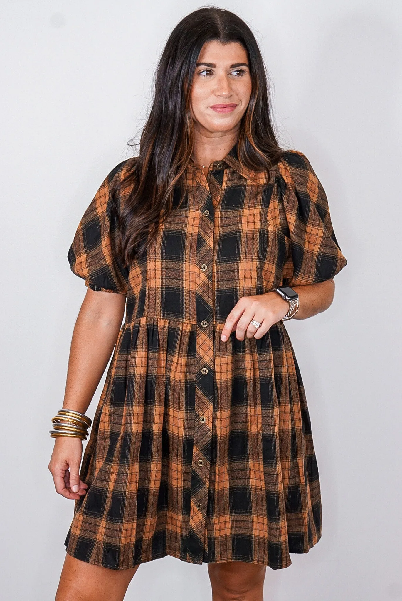 Bonfire Dates Caramel Plaid Dress