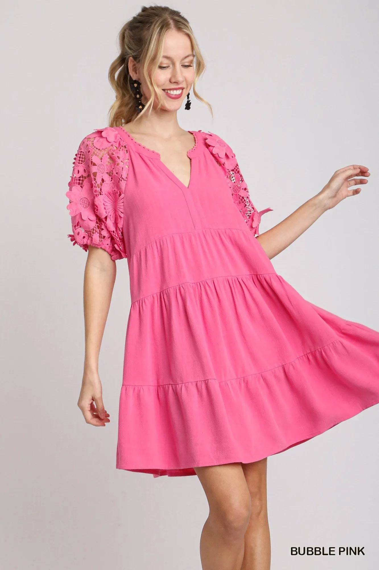 Bubble Gum Pink Linen Blend Tiered  Dress w/ Fabulous Sleeves