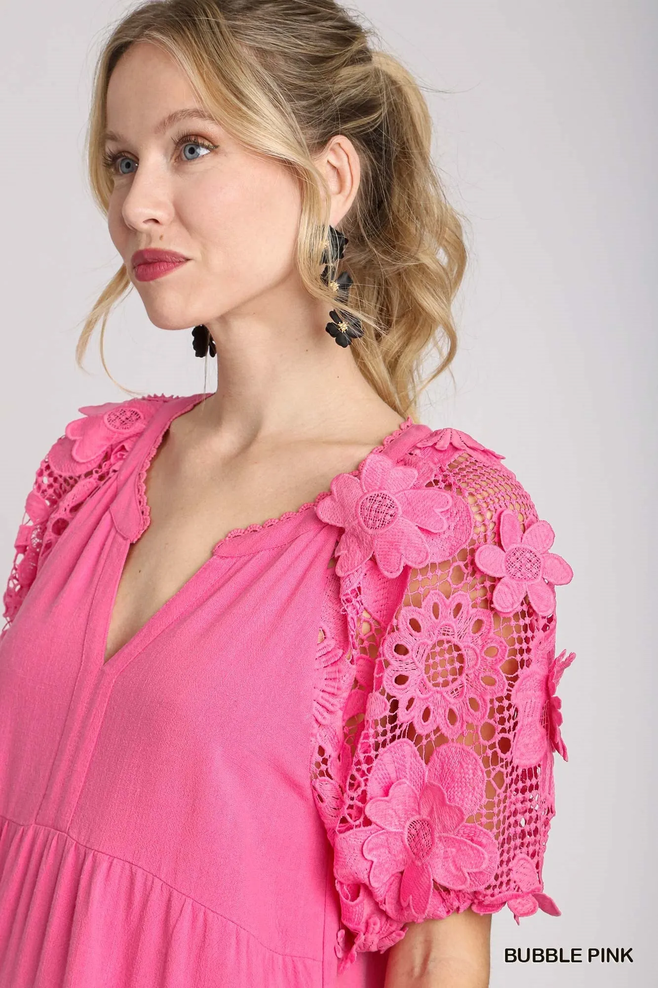 Bubble Gum Pink Linen Blend Tiered  Dress w/ Fabulous Sleeves