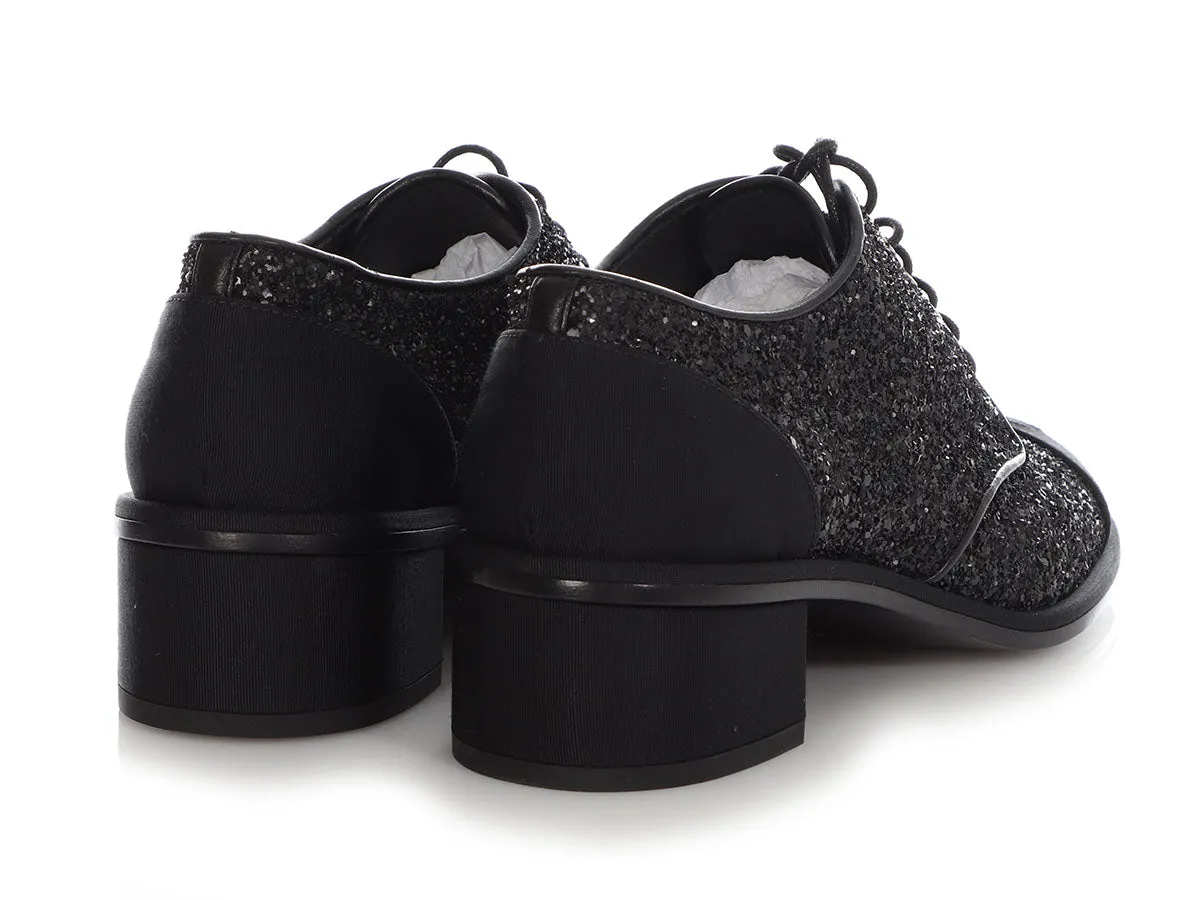 Chanel Black Glitter and Grosgrain Oxfords