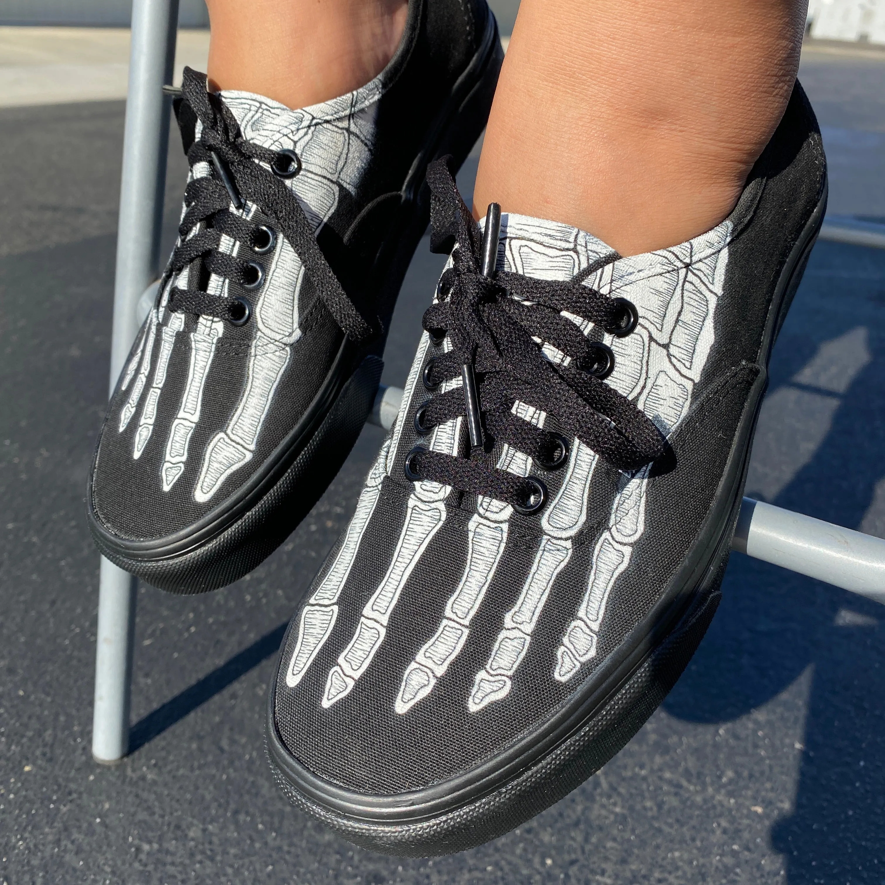 Custom Authentics All Black Skeleton Boney Feet - Custom Vans Shoes