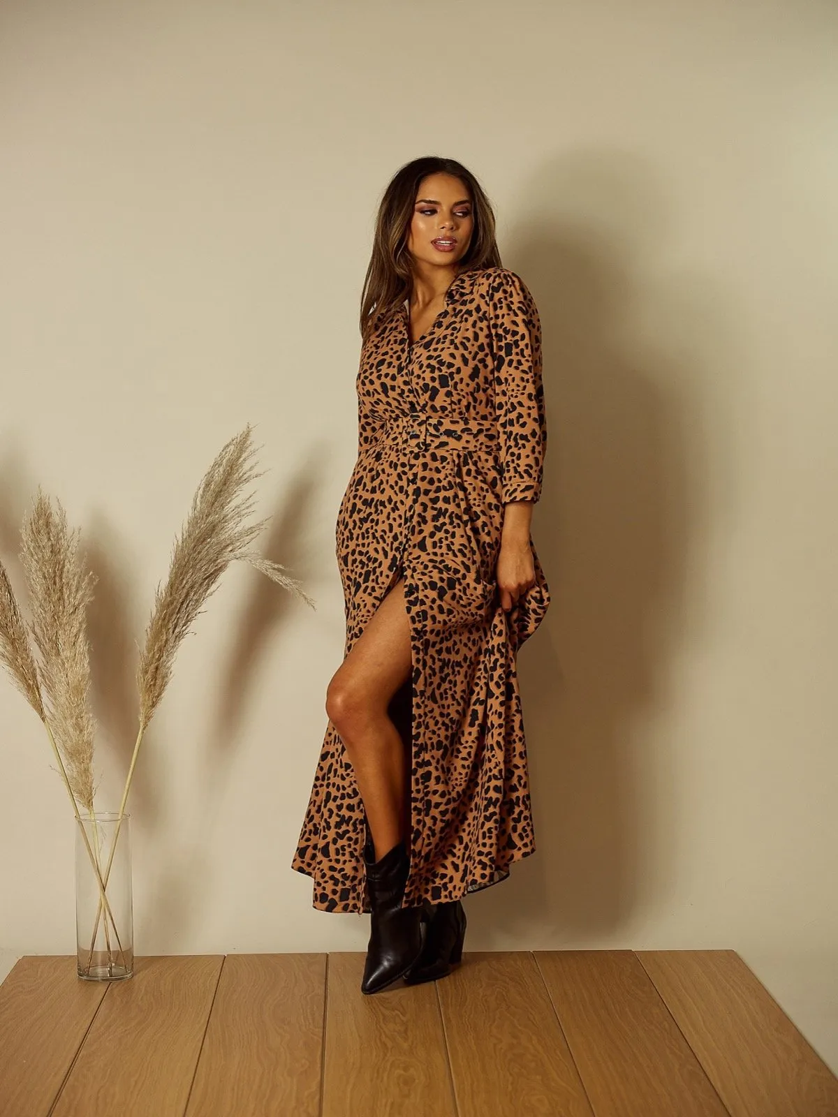 Daphne Belted Shirt Dress / Brown and Black Animal Print