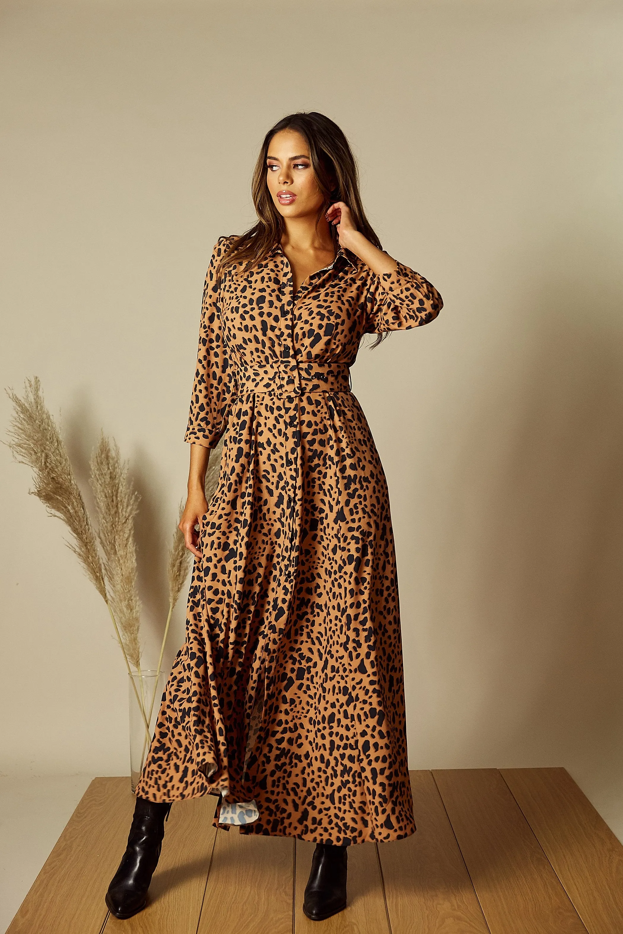 Daphne Belted Shirt Dress / Brown and Black Animal Print