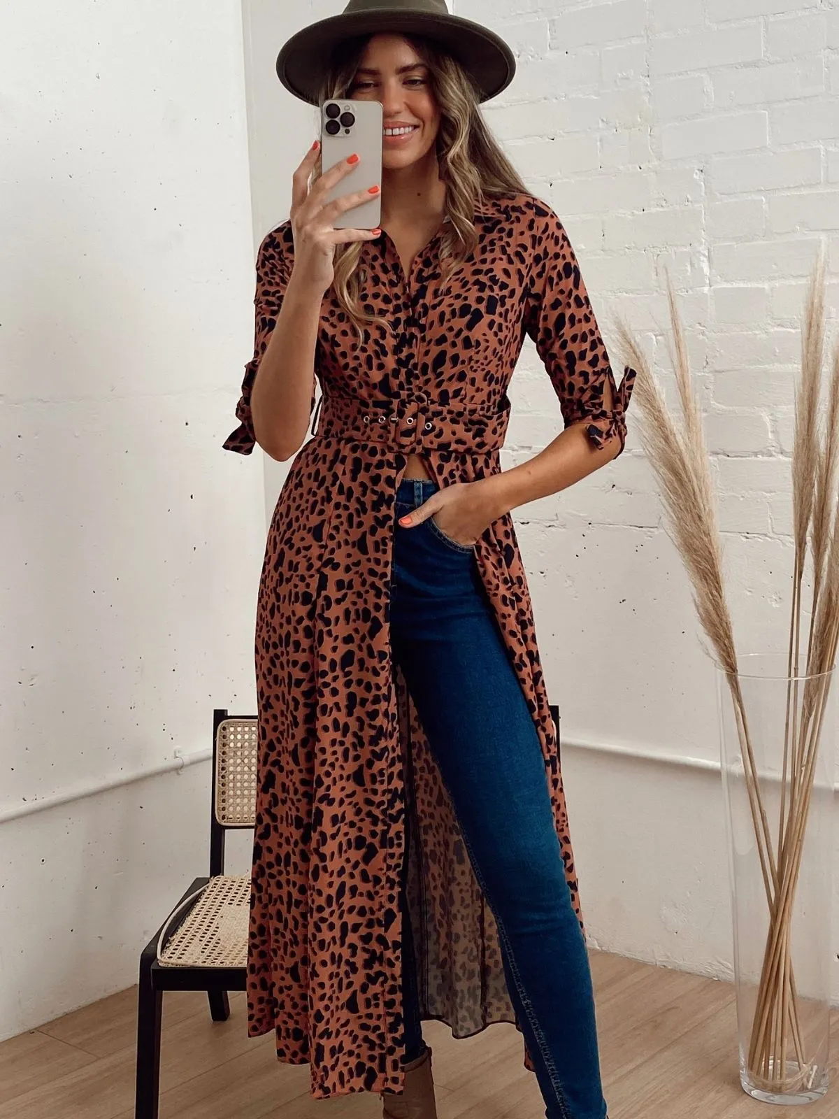 Daphne Belted Shirt Dress / Brown and Black Animal Print