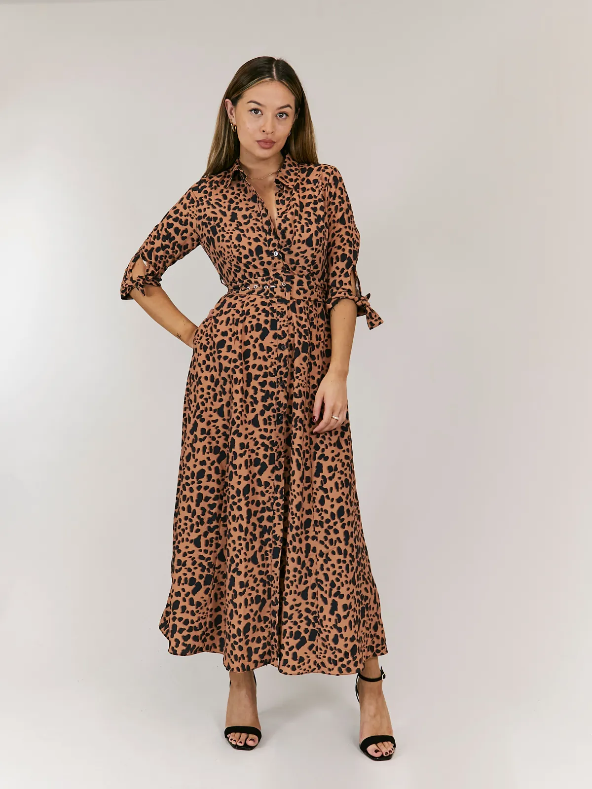 Daphne Belted Shirt Dress / Brown and Black Animal Print