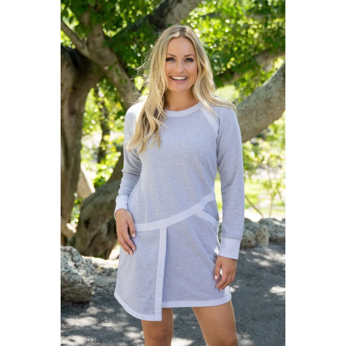 Heather gray dress with angle pocket & reverse fabric trim