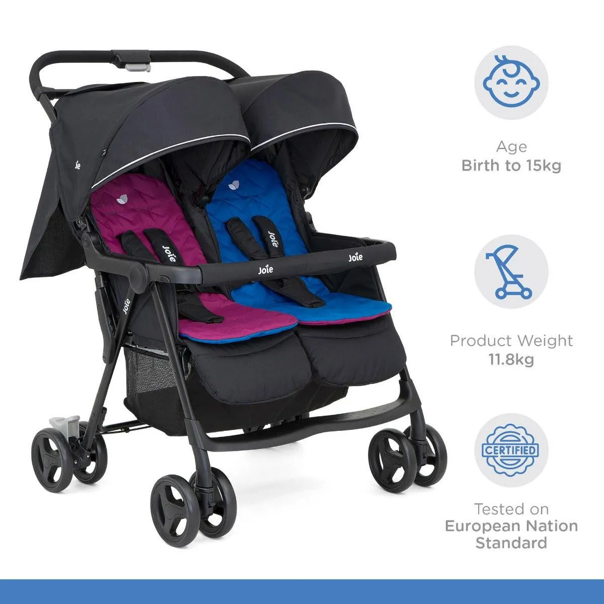 Joie Aire Twin Rosy & Sea - Double Baby Stroller Rain Cover With Single Touch Brake for Ages 0-3 Years