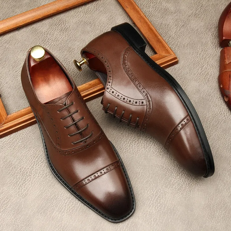 Men Oxford Shoes Brown Black Classic Style Formal Man Dress Business Office Wedding Lace Up Round Toe Men Leather Brogue Shoes