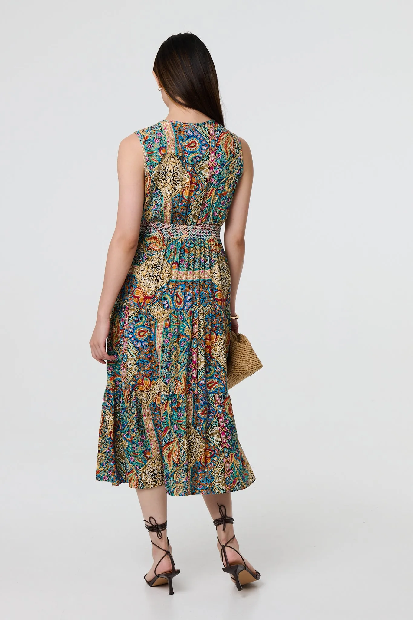 Mosaic Print Sleeveless Midi Smock Dress