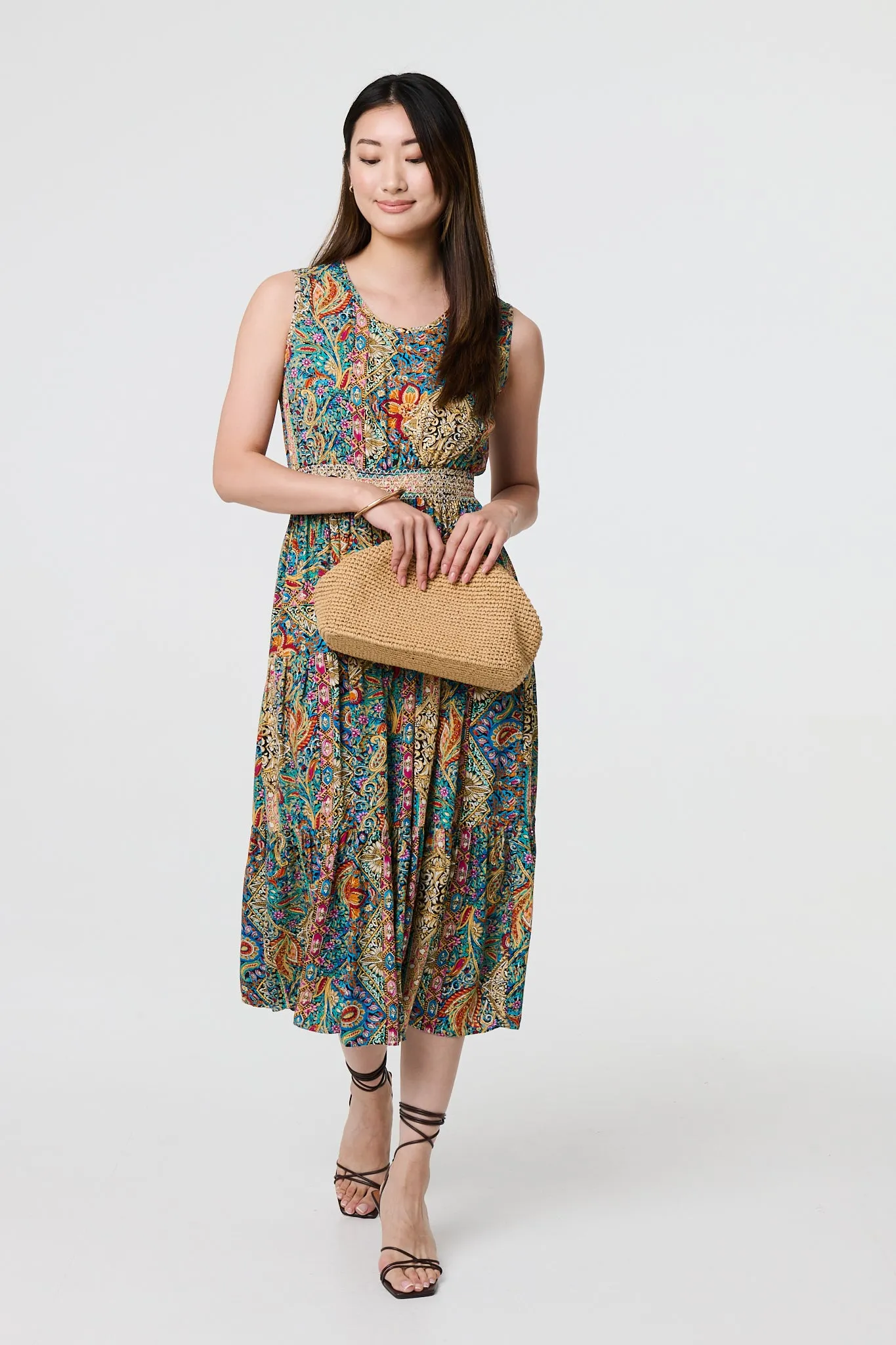 Mosaic Print Sleeveless Midi Smock Dress