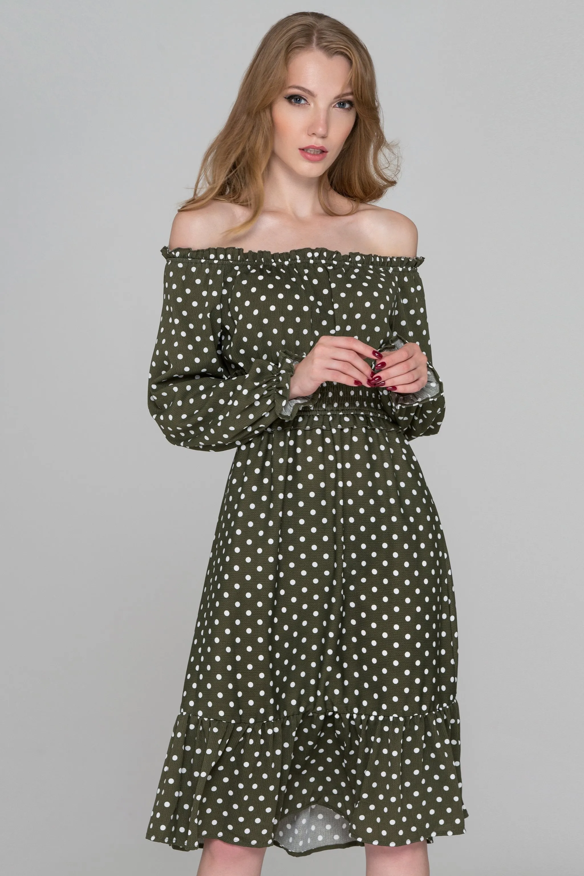 Moss Green Flounced Hem Polka Dot Midi Dress