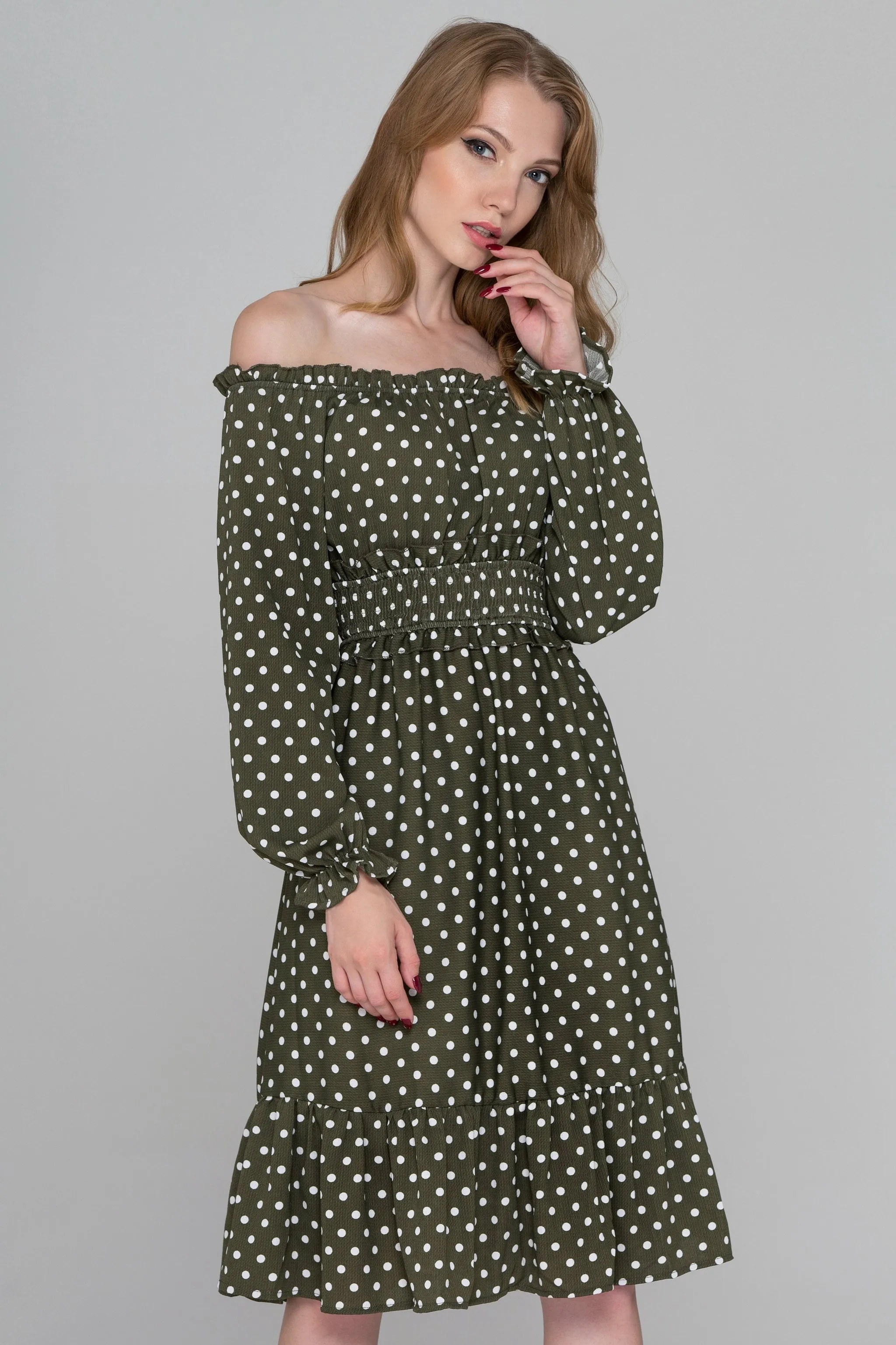 Moss Green Flounced Hem Polka Dot Midi Dress