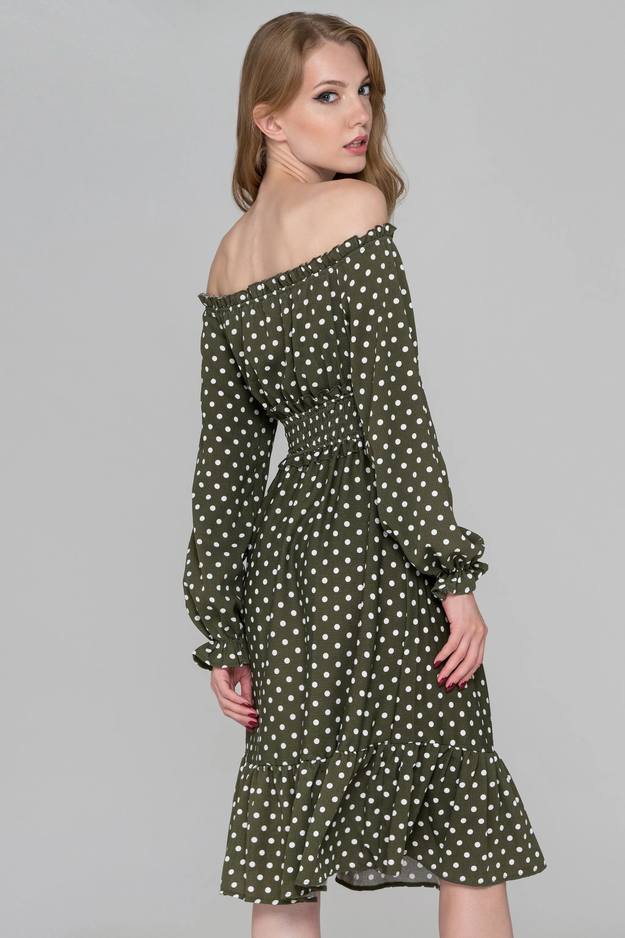 Moss Green Flounced Hem Polka Dot Midi Dress