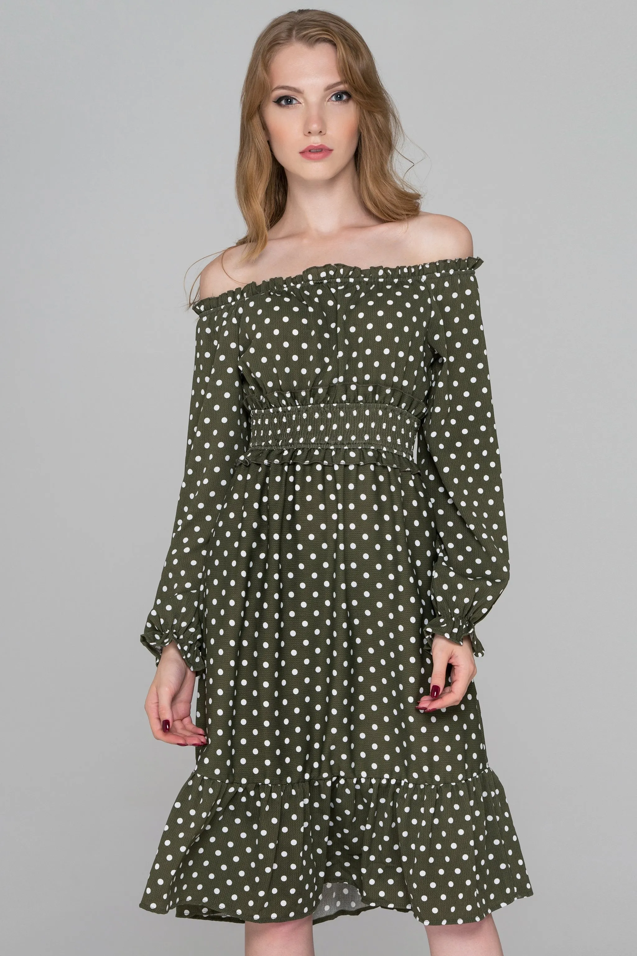 Moss Green Flounced Hem Polka Dot Midi Dress