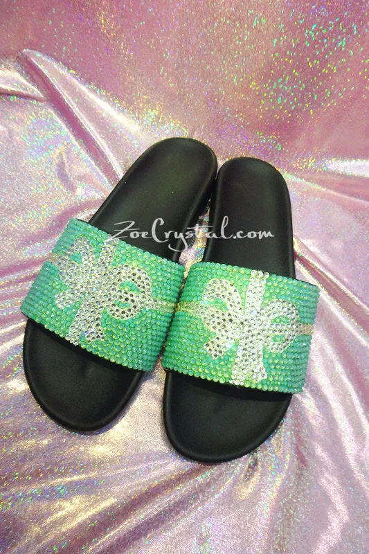 NEW Bling Bedazzled Black SANDALS / SLIDES / Slippers with Tiffany Bow Fashinable Cool Shinny Sparkly Crystal Rhinestone Glitter