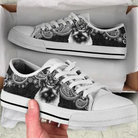 Ragdoll Cat Lover Shoes - Paisley Black White Low Top Canvas Shoes, Cat Canvas Shoes