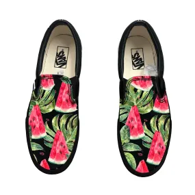 Watermelon Pattern on Black/Black Slip on Vans